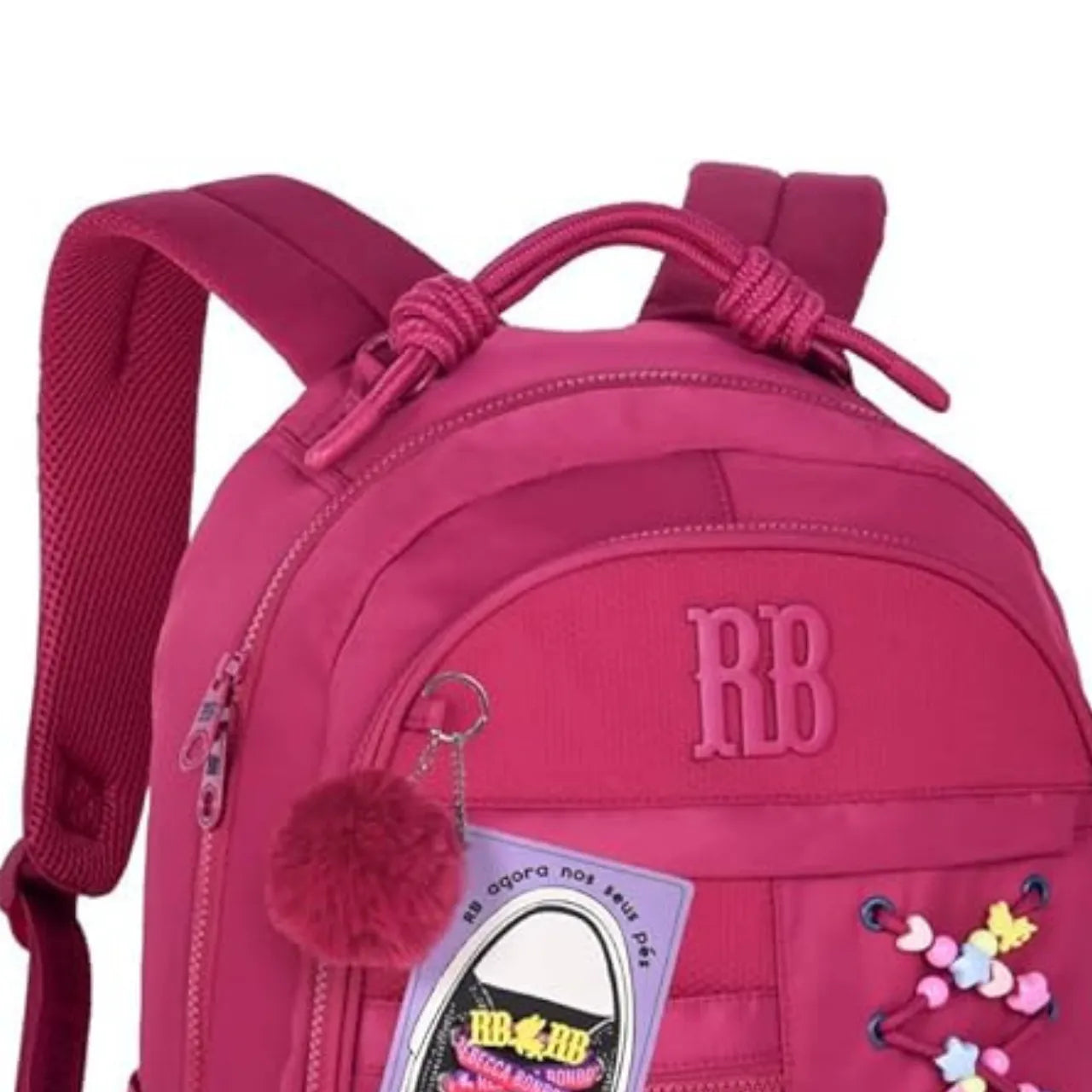 Mochila de Costas Rebecca Bonbon Rosa com Cadarços e Bolso Frontal