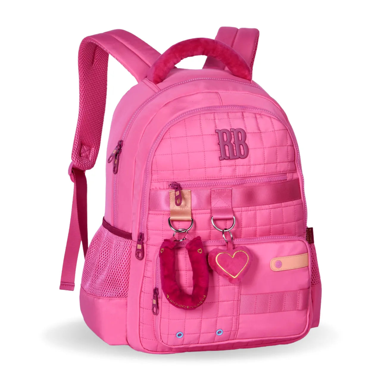 Mochila de Costas Rebecca Bonbon Rosa de Pelúcia com Bolsos Frontal