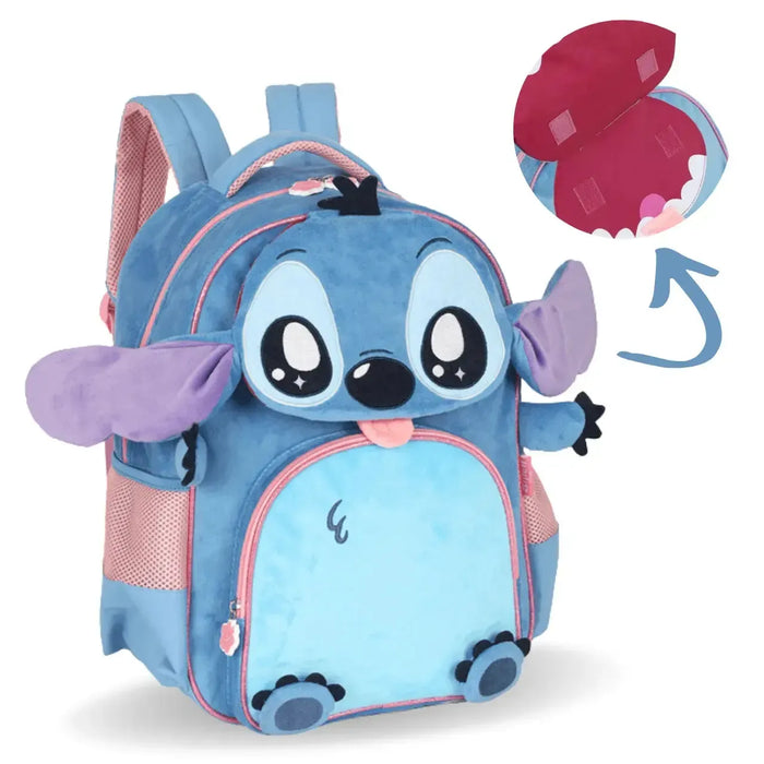 Mochila de Costas Stitch Azul Abertura Interativa e Bolso Frontal