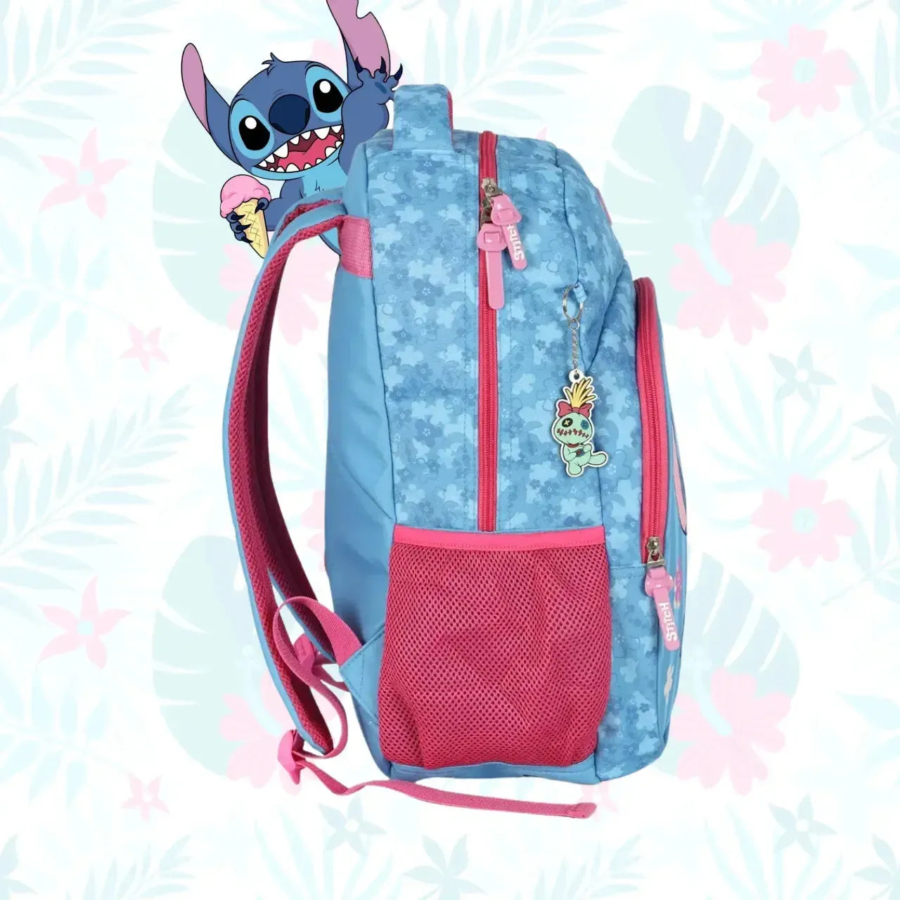 Mochila de Costas Stitch Azul e Pink com Bolso Frontal e Estojo Triplo