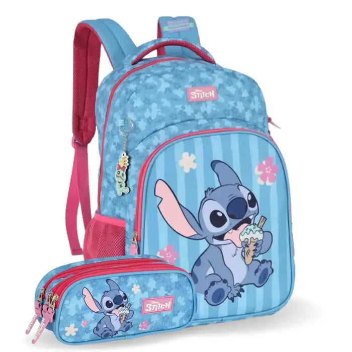 Mochila de Costas Stitch Azul e Pink com Bolso Frontal e Estojo Triplo