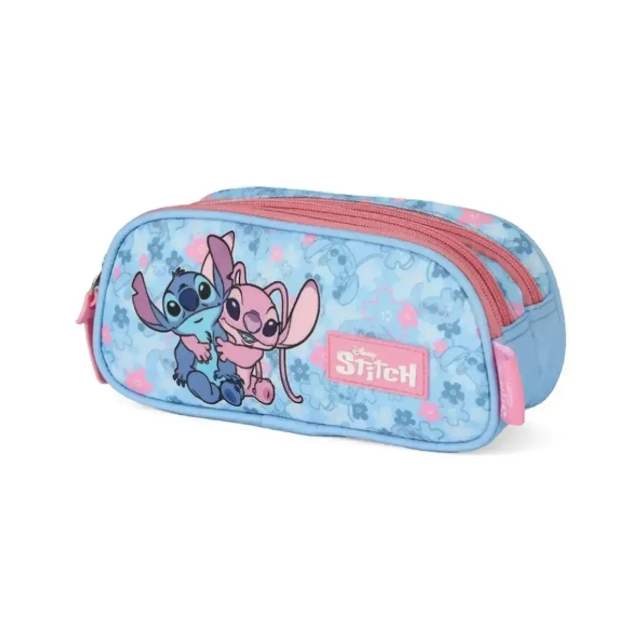 Mochila de Costas Stitch Azul e Rosa com Bolso Frontal e Estojo Triplo