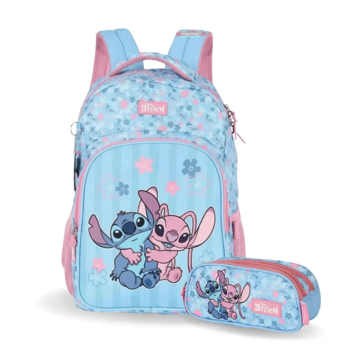 Mochila de Costas Stitch Azul e Rosa com Bolso Frontal e Estojo Triplo