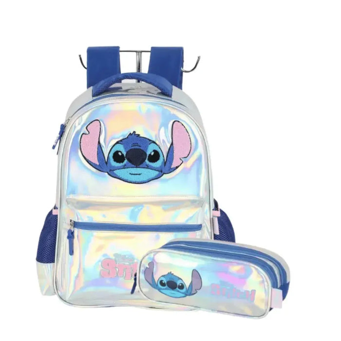 Mochila de Costas Stitch Holográfico Com Bolso Frontal e Estojo Triplo