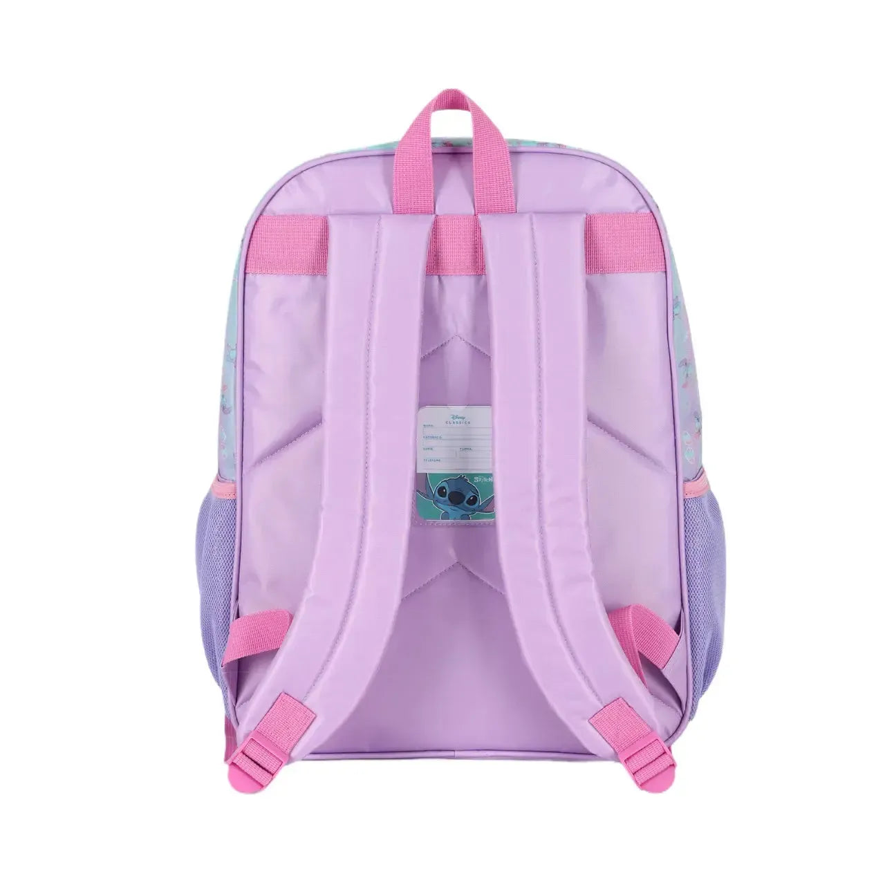 Mochila de Costas Stitch Lilás e Rosa com 2 ziper e Bolsos para Garrafa
