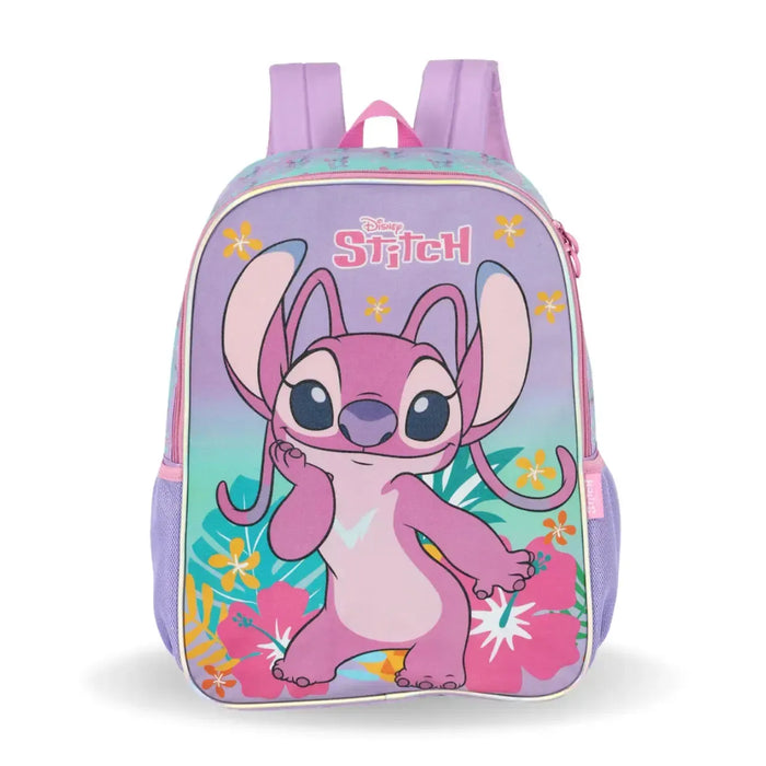Mochila de Costas Stitch Lilás e Rosa com 2 ziper e Bolsos para Garrafa