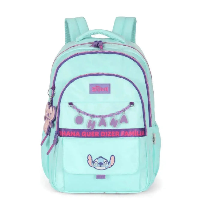 Mochila de Costas Stitch Turquesa e Roxo com Bolso Frontal e Alça Reforçada