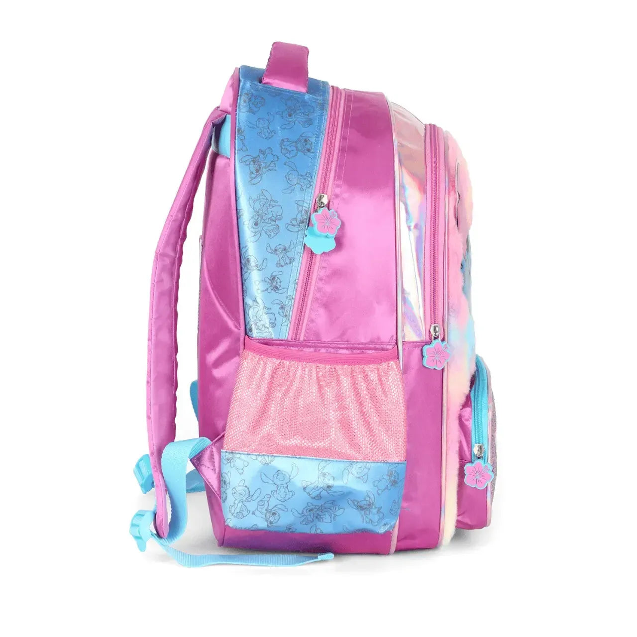 Mochila de Costas Stitch com Pelúcia e Bolso Frontal e Estojo Triplo Holográfico