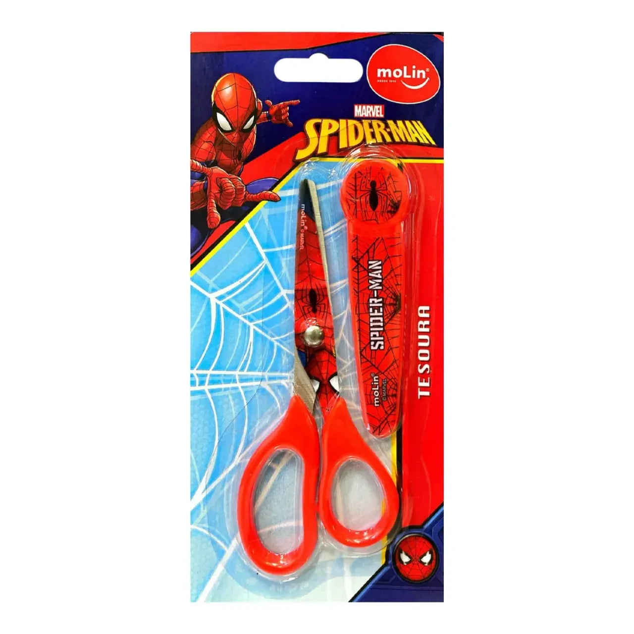 Tesoura com Protetor 13,5cm Molin Spider-Man Aço Inox Vermelha