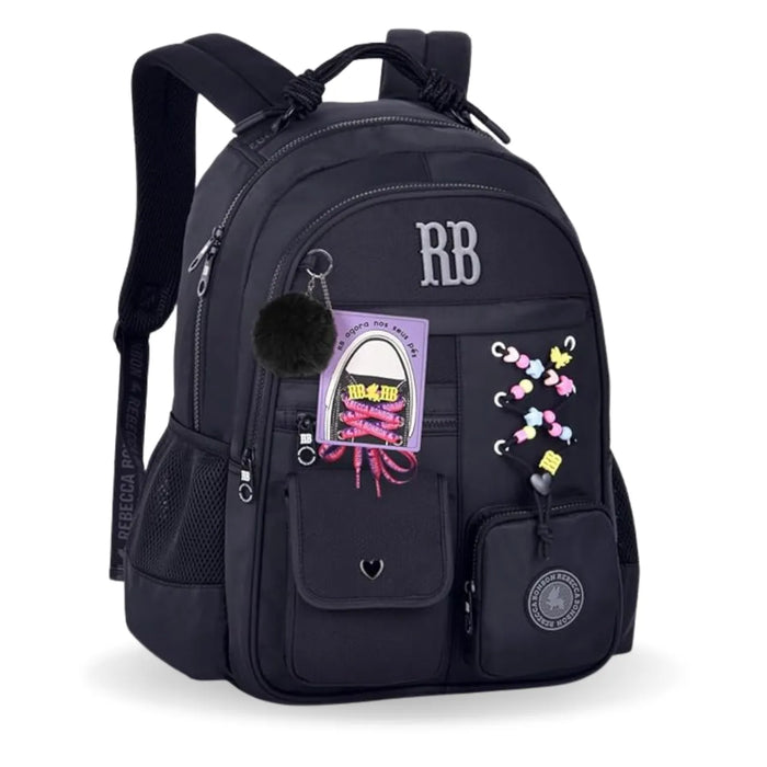 Mochila de Costas Rebecca Bonbon Preta com Cadarços com Bolsos Frontais