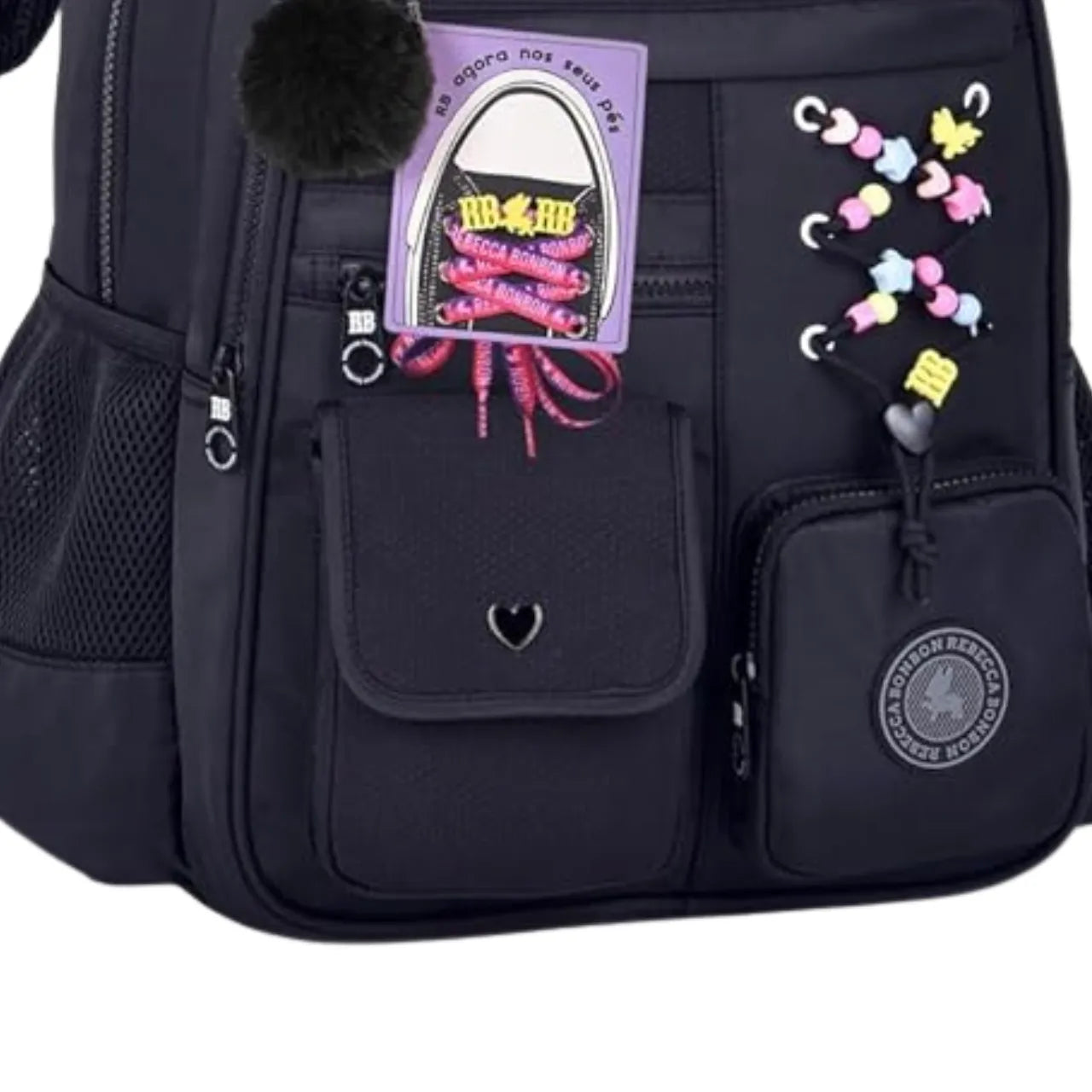 Mochila de Costas Rebecca Bonbon Preta com Cadarços com Bolsos Frontais
