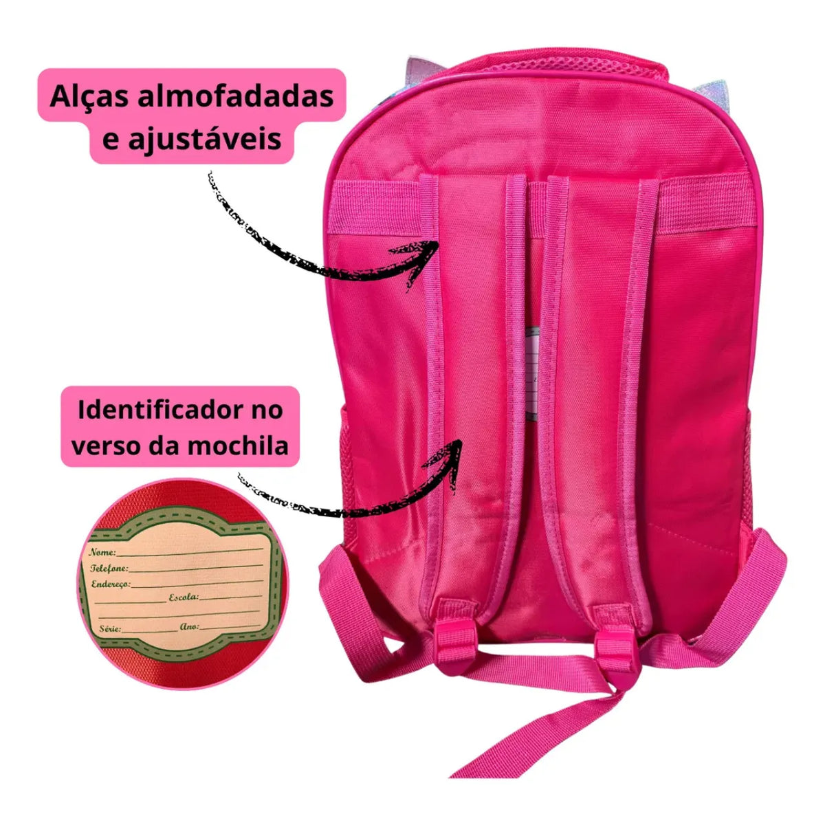 Mochila Infantil Escolar Costas Cats Lantejoula Rosa com Bolso Frontal