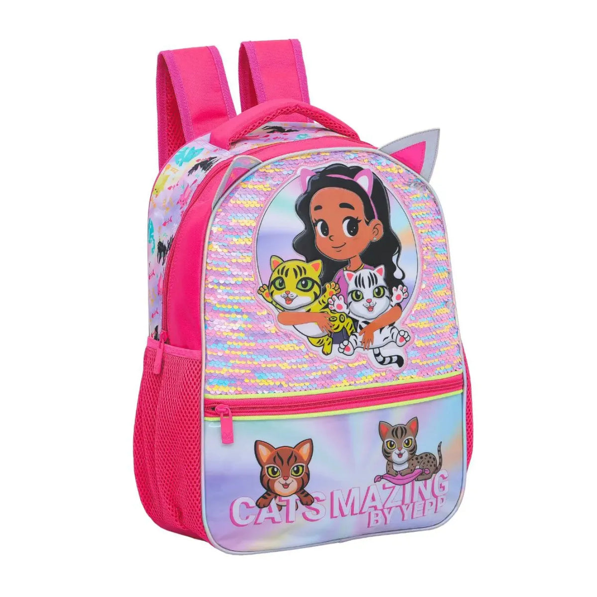 Mochila Infantil Escolar Costas Cats Lantejoula Rosa com Bolso Frontal