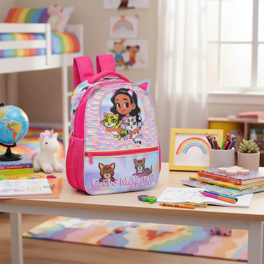 Mochila Infantil Escolar Costas Cats Lantejoula Rosa com Bolso Frontal