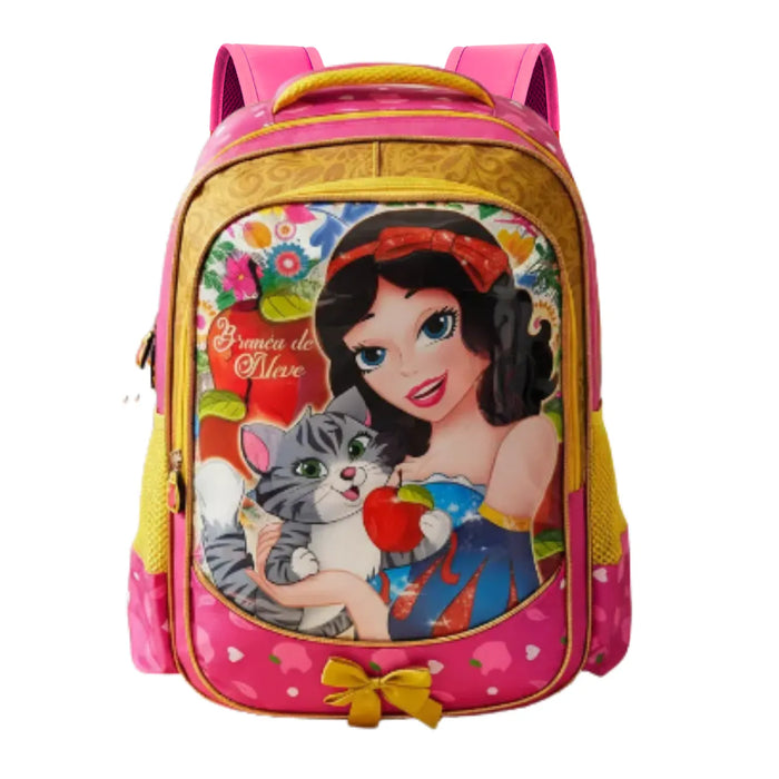 Mochila Infantil Costas Branca de Neve Rosa com Bolsos Laterais