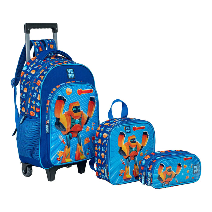 Kit Mochila de Rodinha Masculina Azul Yepp com Lancheira e Estojo