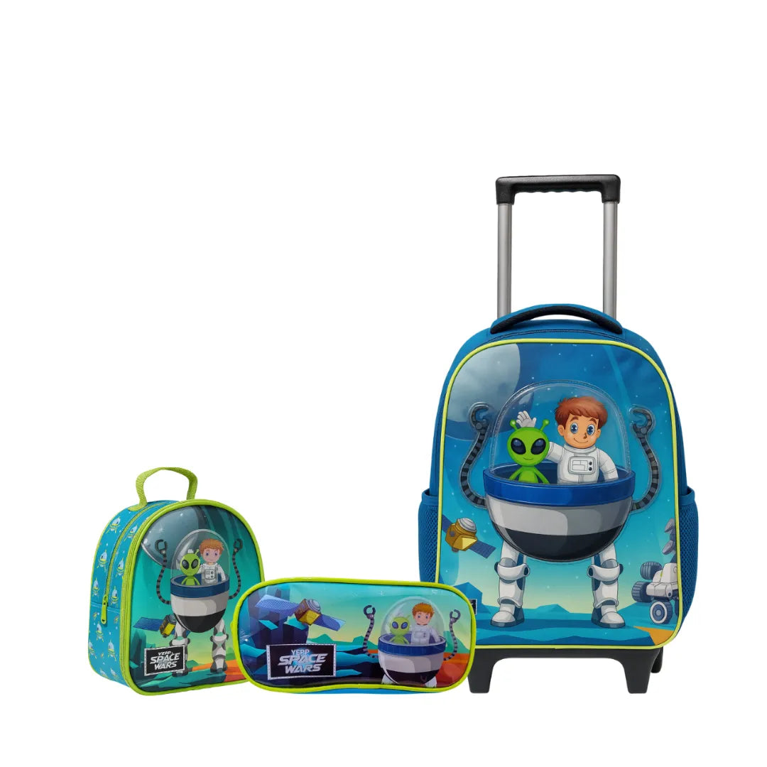 Kit Mochila de Rodinha Robô Azul Espacial Yepp com Lancheira e Estojo