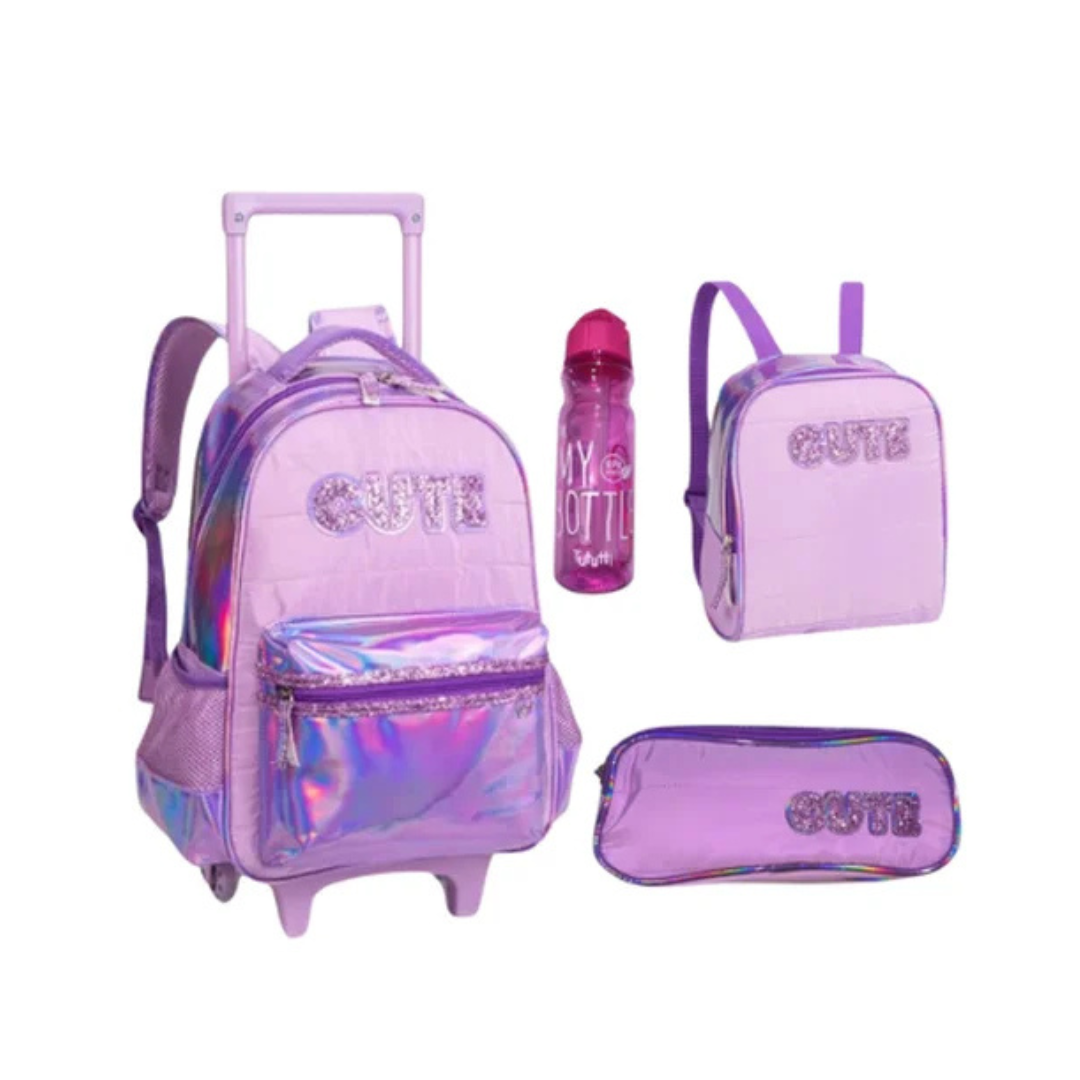 Kit Mochila de Rodinhas Infantil Lilás Nova Rio 4 Peças