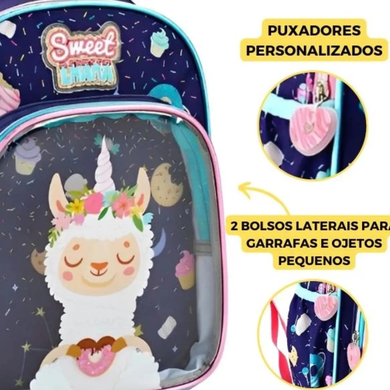 Mochila de Costas Sweet Lhama 16" Denlex Infantil Escolar com Bolsos Laterais