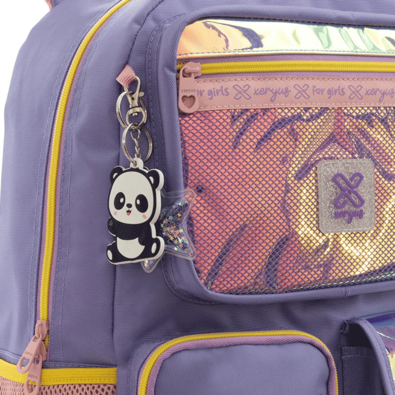 Mochila de Costas Infantil Panda Lilás com Bolsos e Detalhes Holográficos