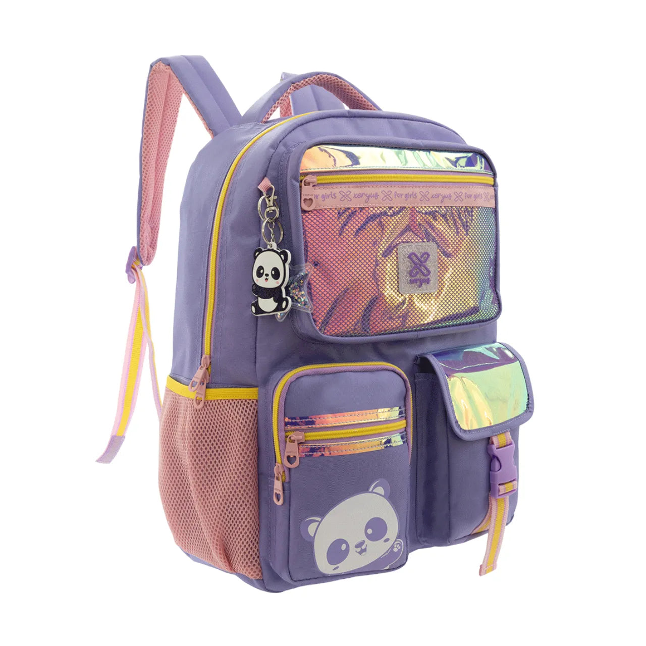 Mochila de Costas Infantil Panda Lilás com Bolsos e Detalhes Holográficos