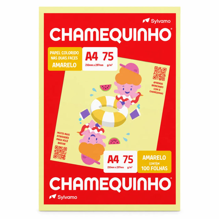 Papel Chamequinho A4 Amarelo 75g 100 Folhas Chame