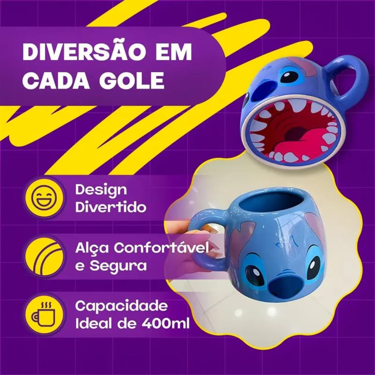Caneca 3D Stitch Azul Cerâmica 450ml Disney