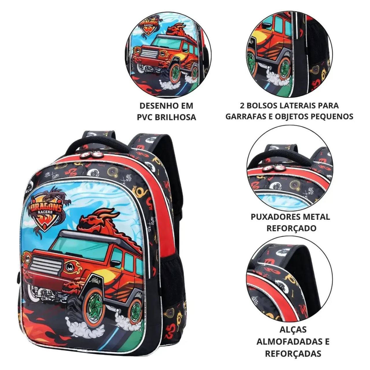 Mochila de Costas Dragons Racers Preta Ponto Verde
