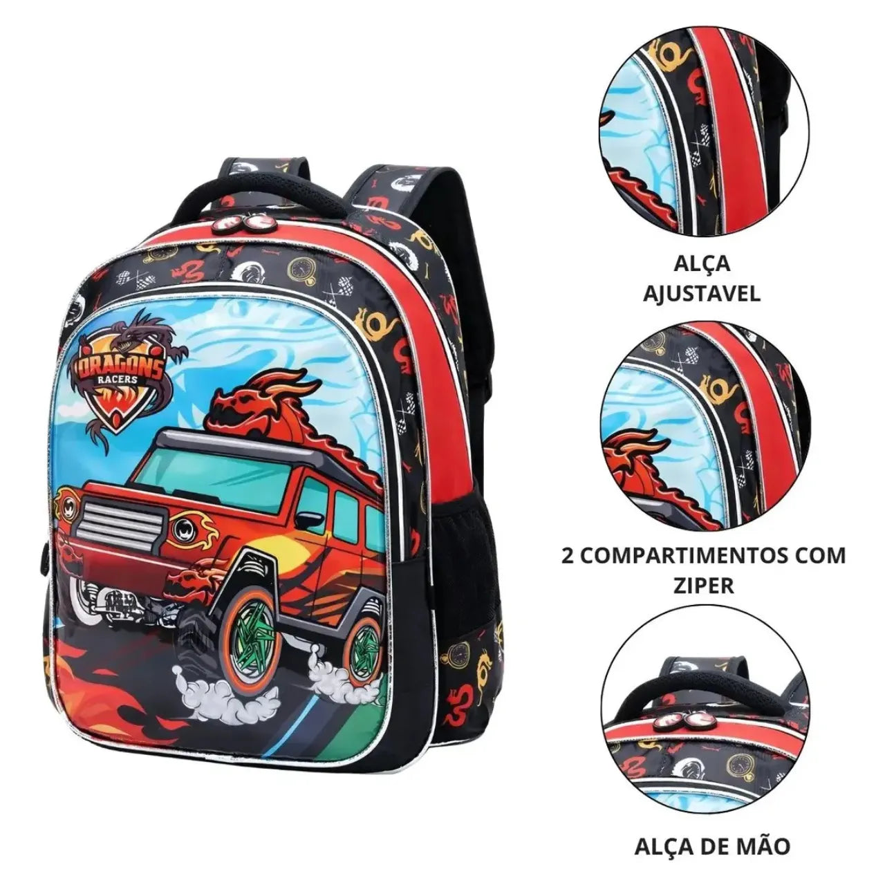 Mochila de Costas Dragons Racers Preta Ponto Verde