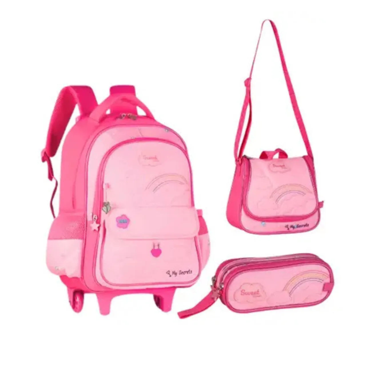 Kit Mochila de Rodinhas 16" Rosa Clio Infantil 3 Peças