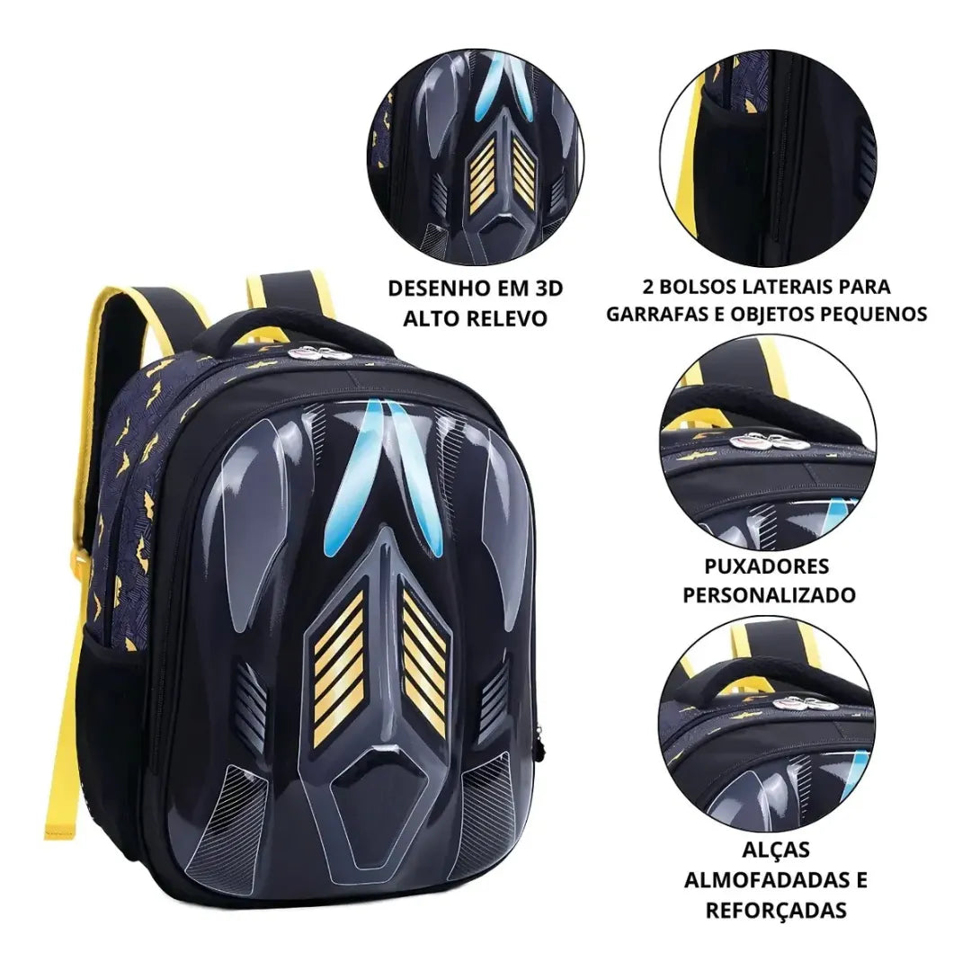 Mochila de Costas Escolar 3D Preta Infantil Ponto Verde