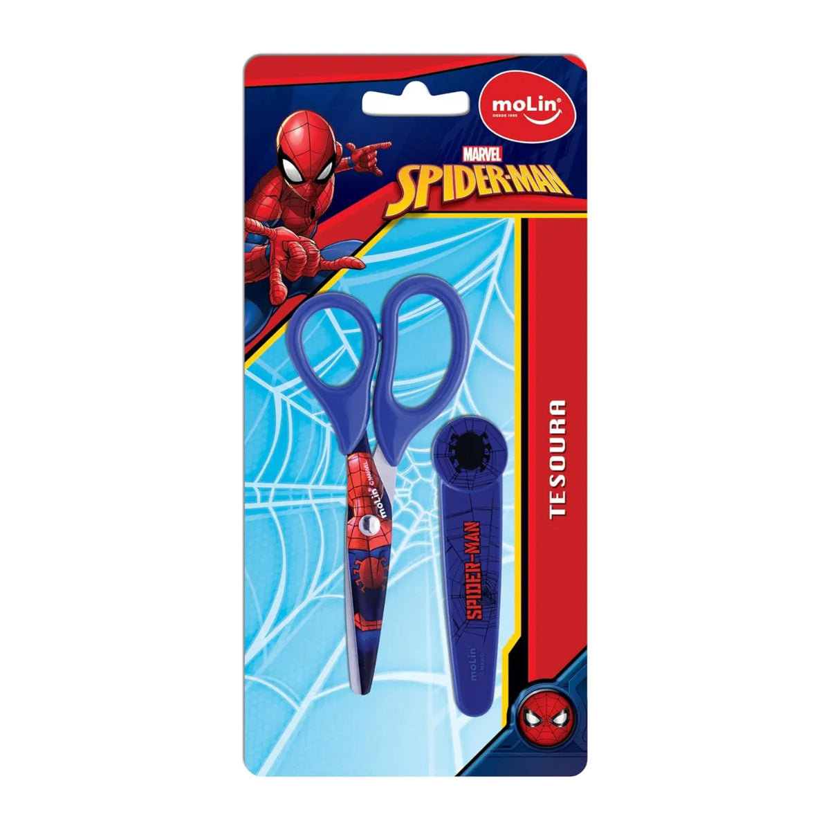 Tesoura com Protetor 13cm Molin Spider-Man Aço Inox Azul