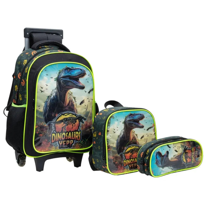Kit Mochila de Rodinha Dinossauro Verde Yepp com Lancheira e Estojo