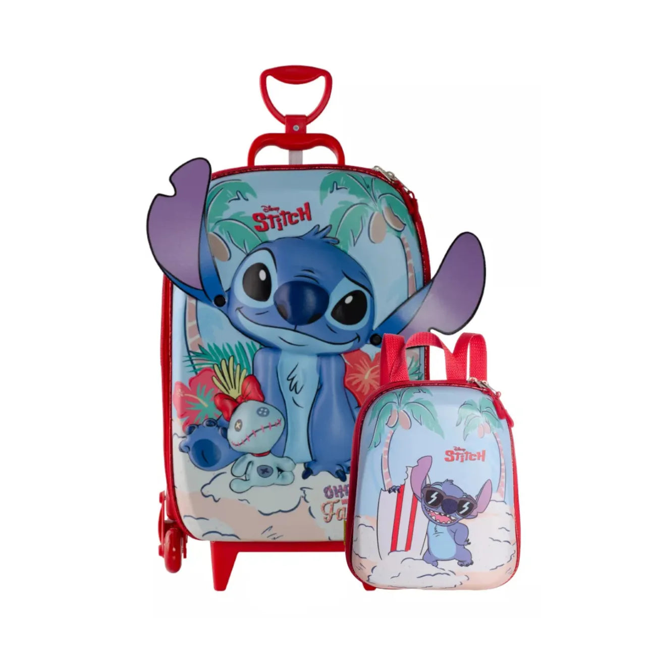 Kit Mochila Rodinha Infantil Stitch Praia 3D com Lancheira