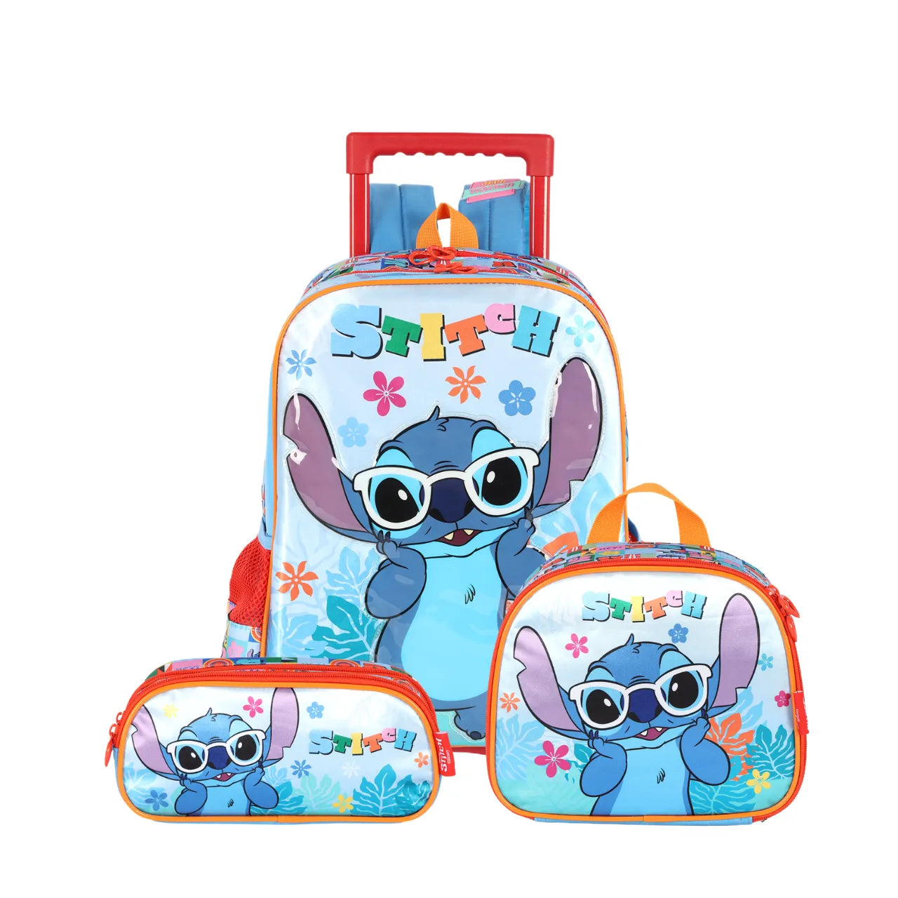 Kit Mochila Rodinha Stitch Tropical com Lancheira e Estojo