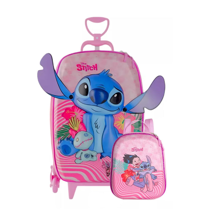 Kit Mochila Rodinha Infantil Stitch Rosa com Lancheira