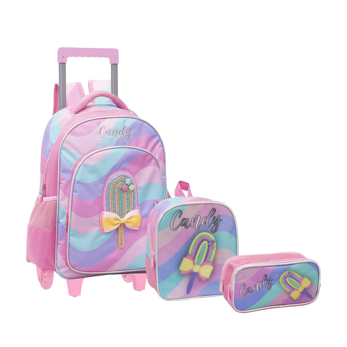Kit Mochila de Rodinha Infantil Candy com Lancheira e Estojo