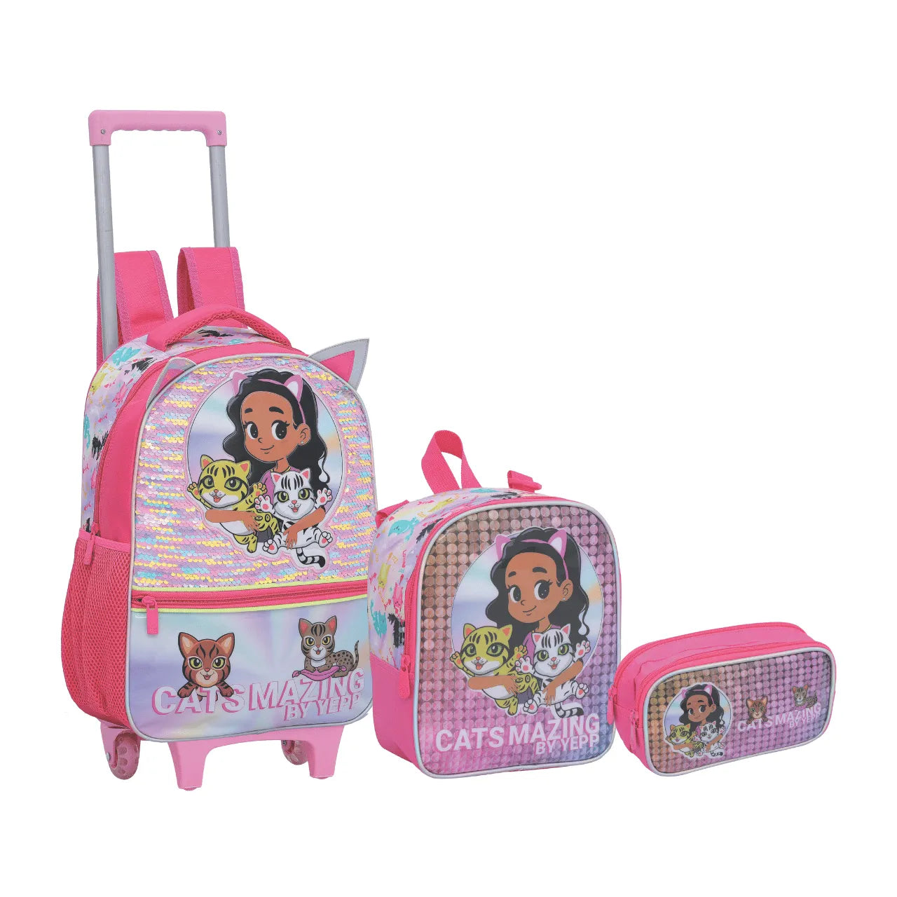 Kit Mochila Rodinha Cats Pink com Lancheira e Estojo