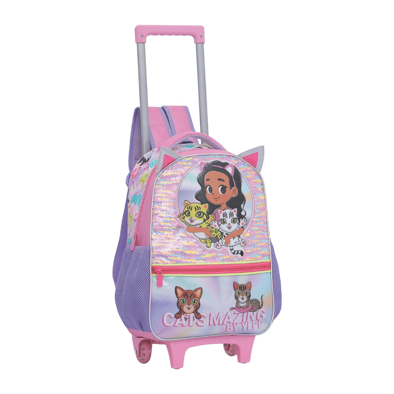 Kit Mochila de Rodinha Cats Rosa com Estojo e Lancheira