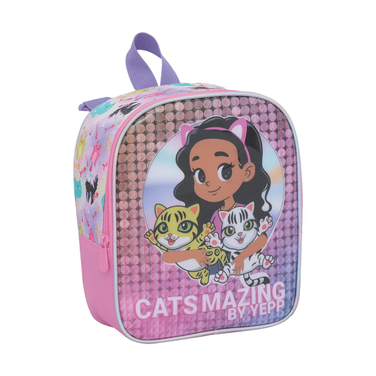 Kit Mochila de Rodinha Cats Rosa com Estojo e Lancheira