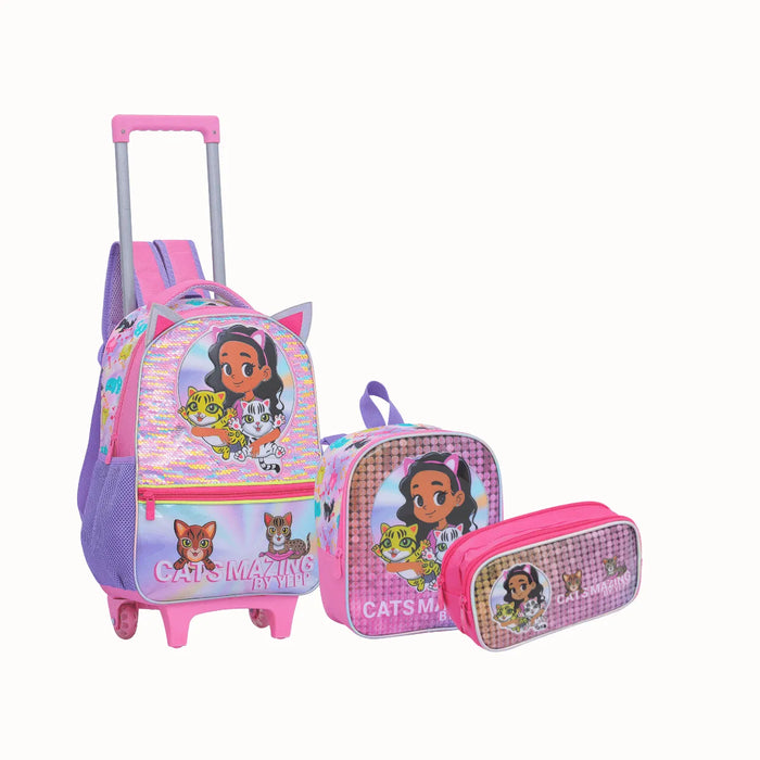 Kit Mochila de Rodinha Cats Rosa com Estojo e Lancheira