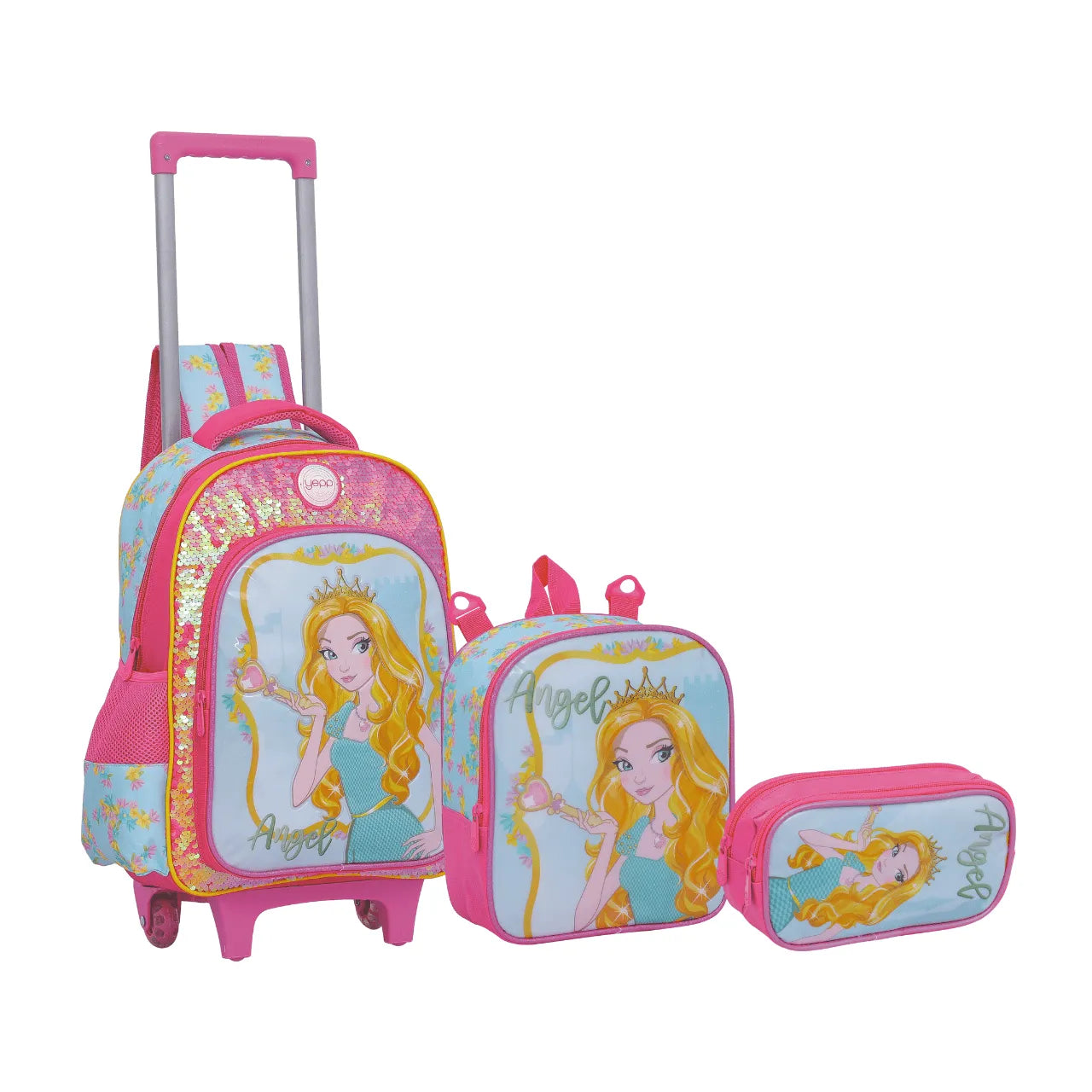Kit Mochila Rodinha Princesa Rosa com Estojo e Lancheira