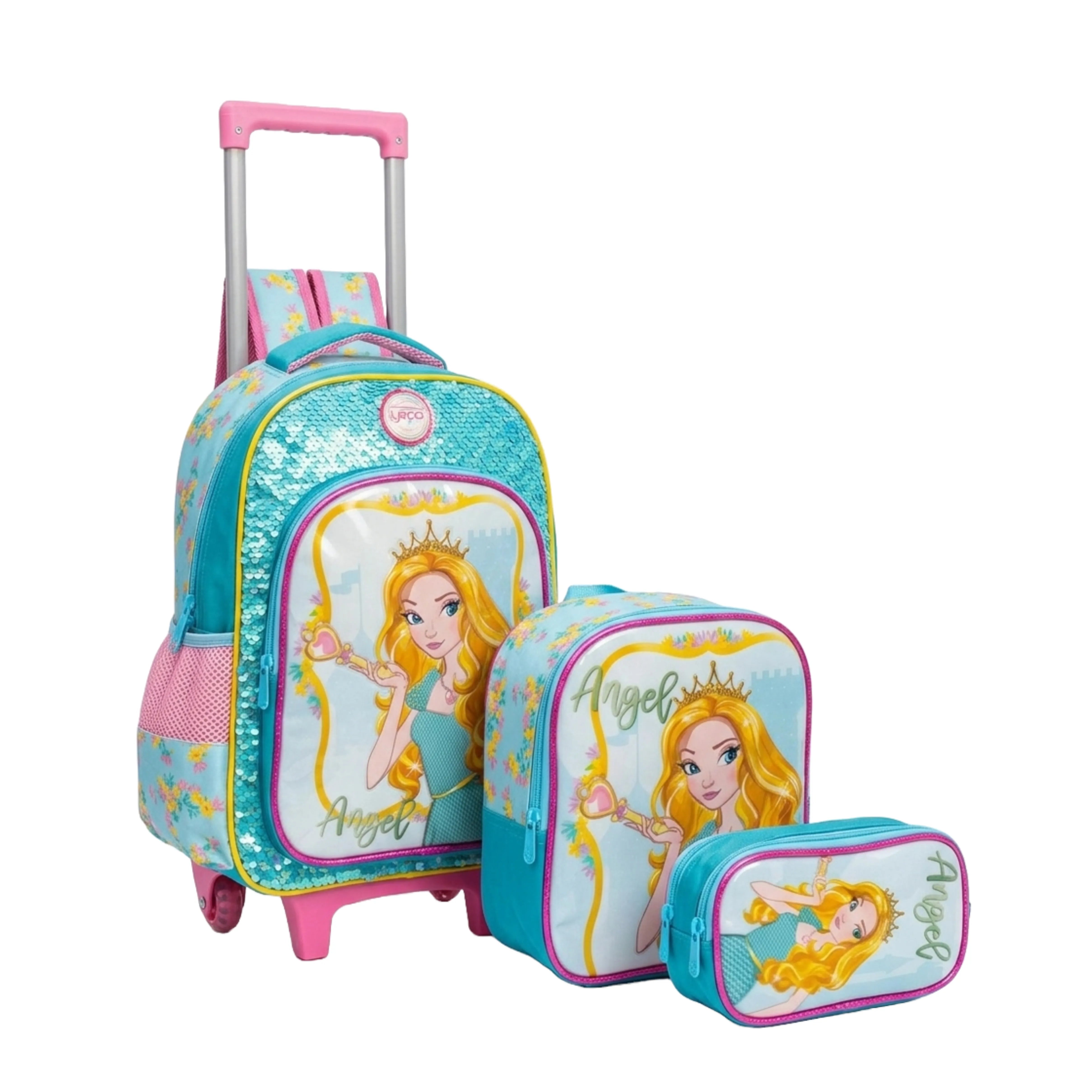 Kit Mochila Rodinha  Princesa Azul com Lancheira e Estojo