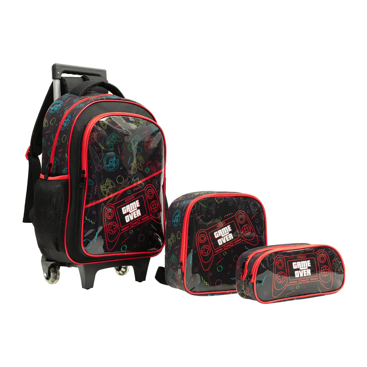 Kit Mochila Rodinha Game Over Preto com Lancheira e Estojo