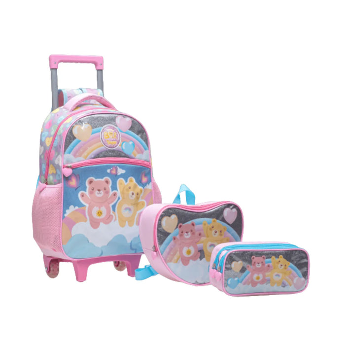 Kit Mochila Rodinha Ursinhos Rosa com Lancheira e Estojo