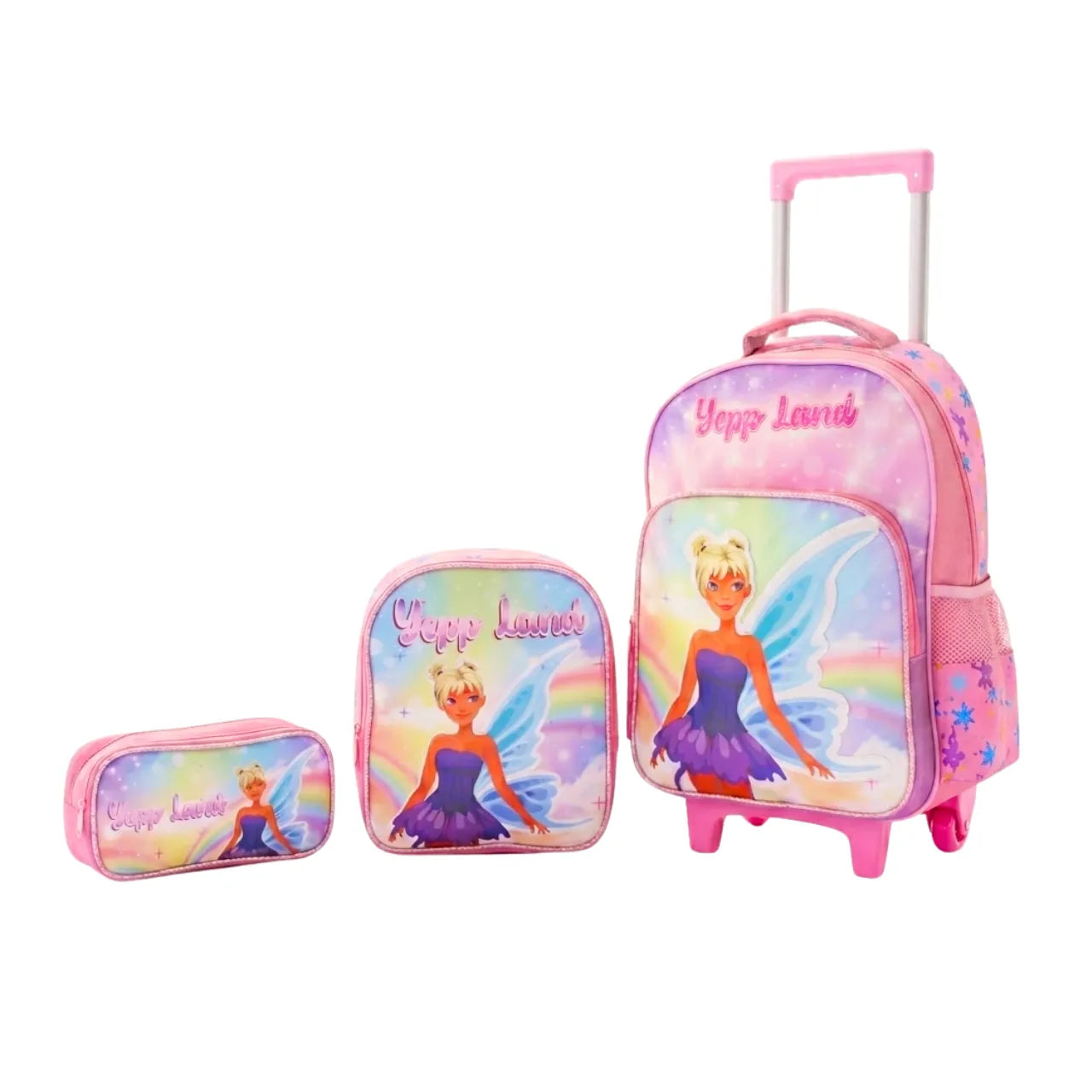 Kit Mochila Rodinha Fada Rosa com Lancheira e Estojo