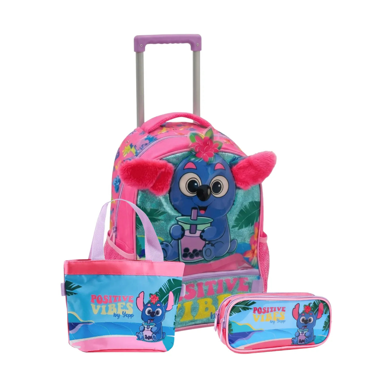 Kit Mochila Rodinha Positive Vibes  com Lancheira e Estojo