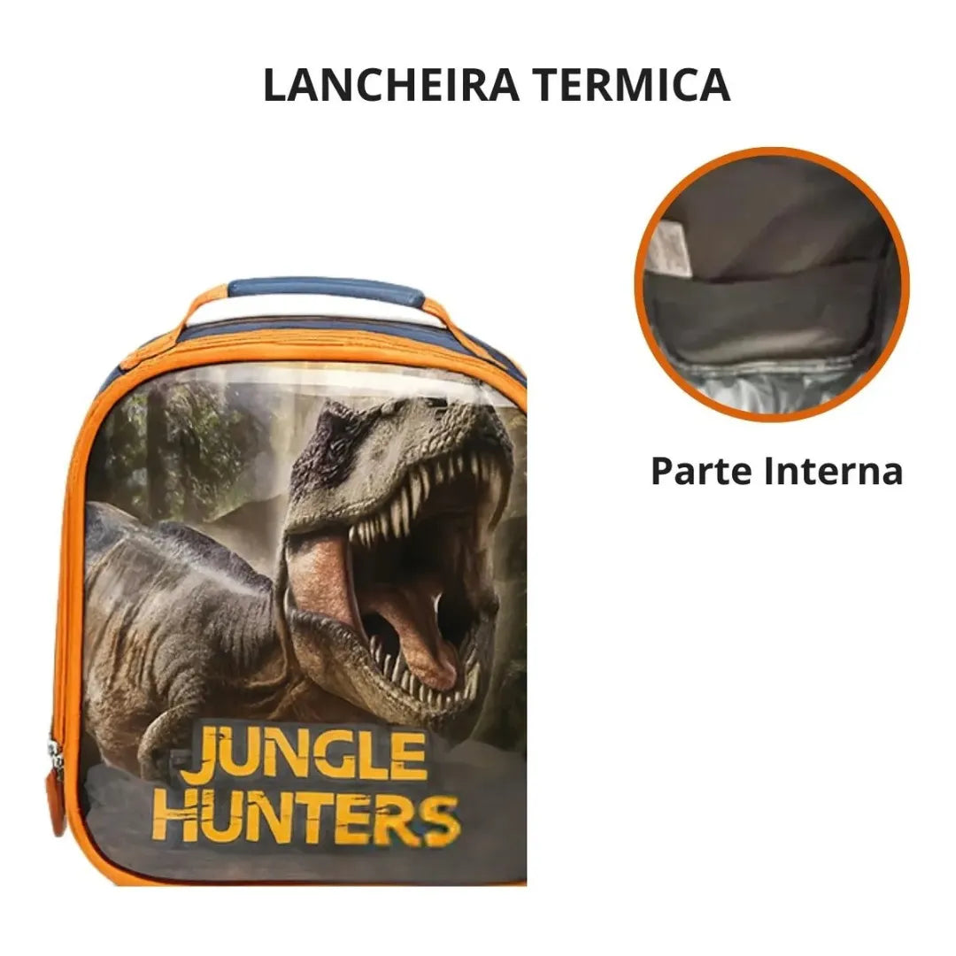 Kit Mochila Escolar Infantil Rodinhas 3 Peças Dinossauro Laranja