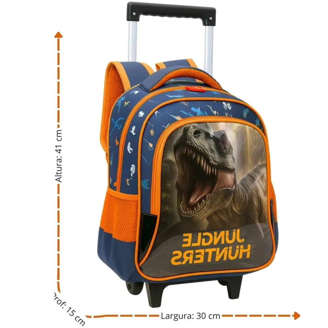 Kit Mochila Escolar Infantil Rodinhas 3 Peças Dinossauro Laranja