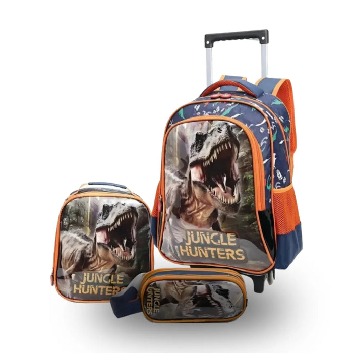 Kit Mochila Escolar Infantil Rodinhas 3 Peças Dinossauro Laranja